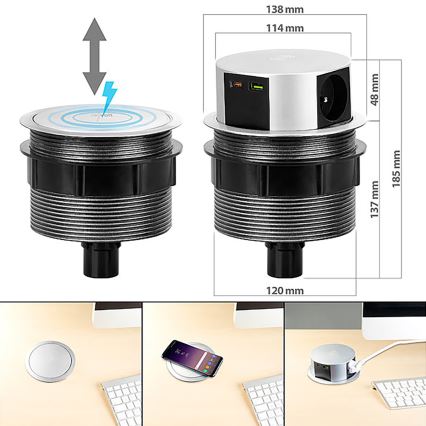 Uttagspelare för bordsskiva med Qi trådlös laddning 3x230V + 1xUSB-A + 1xUSB-C silver/svart