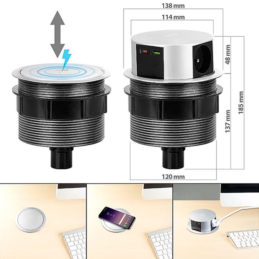 Uttagspelare för bordsskiva med Qi trådlös laddning 3x230V + 1xUSB-A + 1xUSB-C silver/svart