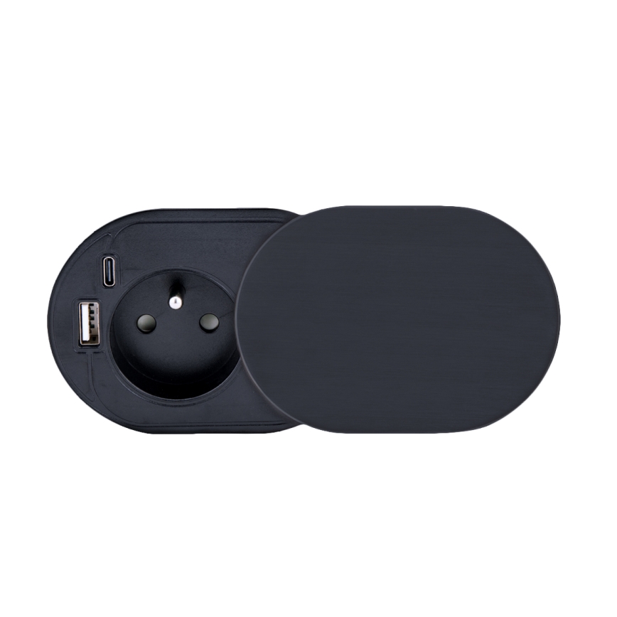 Infällt eluttag med skjutlock 20W, 1 uttag + USB A+C, svart