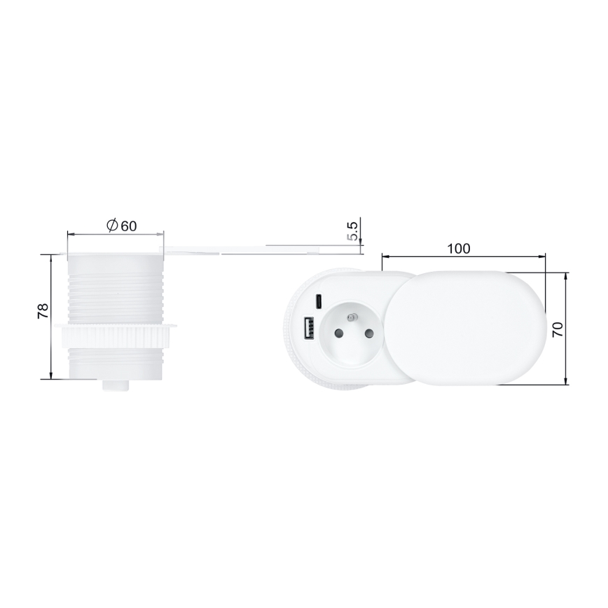 Infällt vägguttag 20W 1 uttag + USB A+C vit