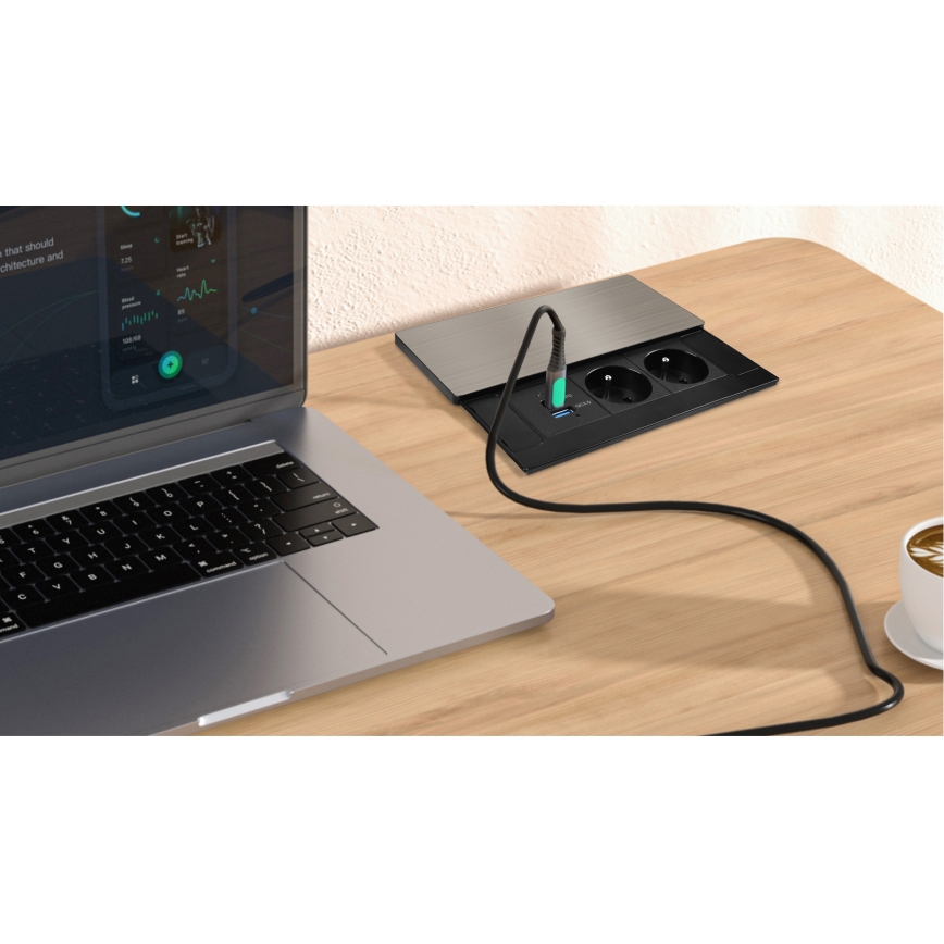 Infällt vägguttag med 65W trådlös laddning, 2 uttag + USB-A + USB-C