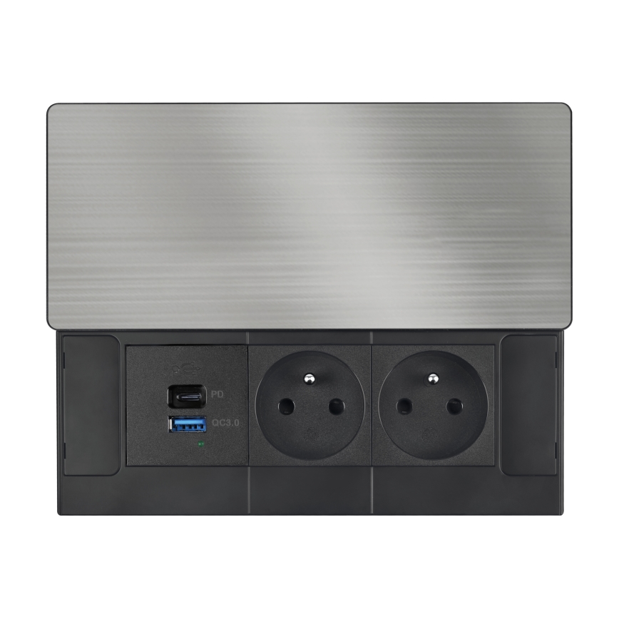Infällt vägguttag med 65W trådlös laddning, 2 uttag + USB-A + USB-C