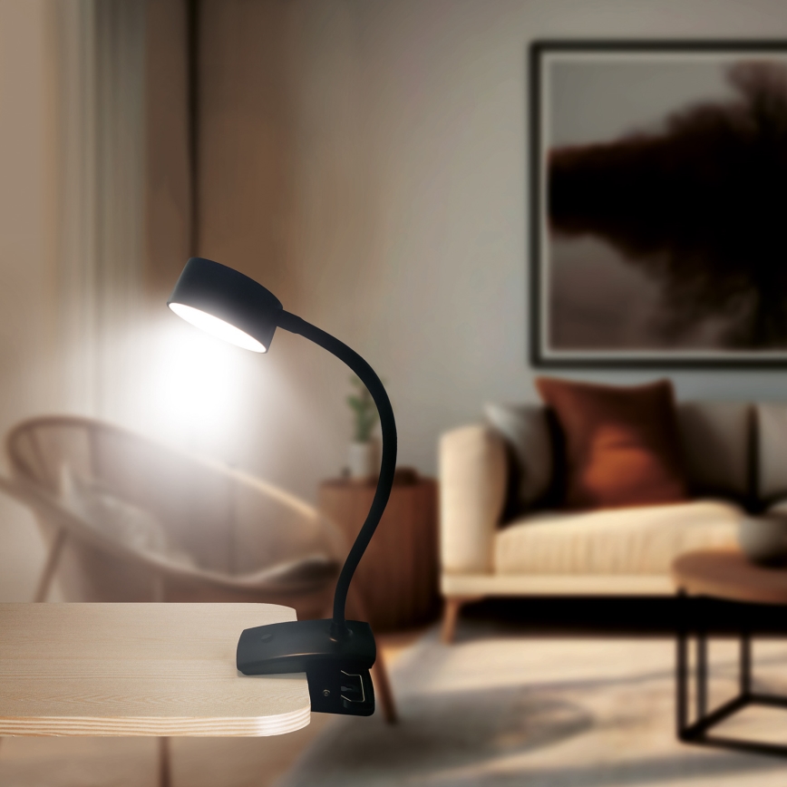LED Ljusreglerad flexibel uppladdningsbar bordslampa med klämma LED/2W/1800 mAh 3000/4000/6500K svart