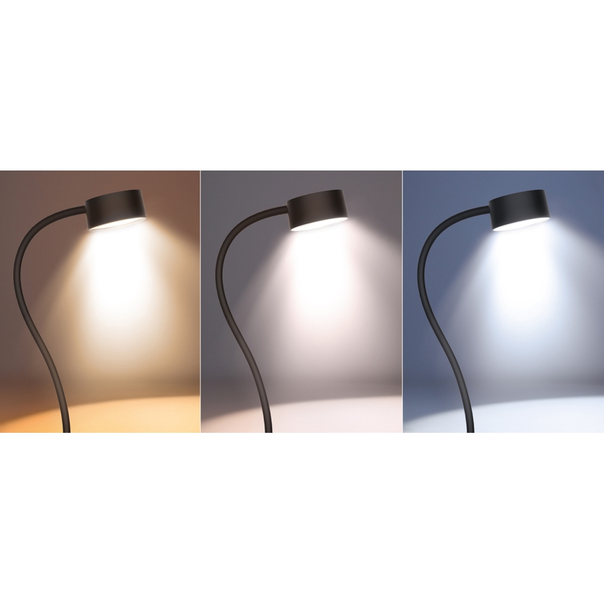 LED Ljusreglerad flexibel uppladdningsbar bordslampa med klämma LED/2W/1800 mAh 3000/4000/6500K svart