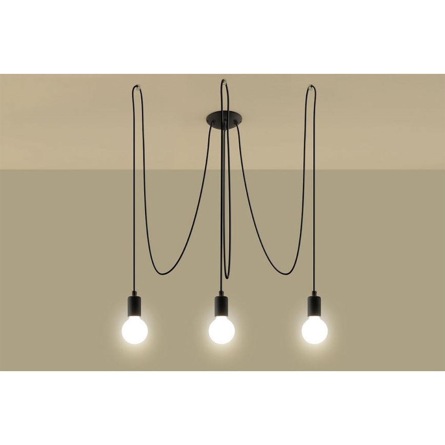 Ljuskrona med textilsladd EDISON 3 3xE27/60W/230V spindel svart