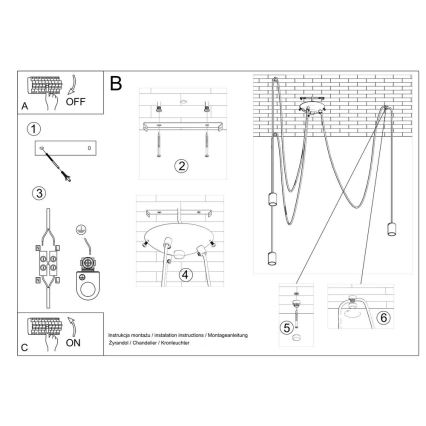 Ljuskrona med textilsladd EDISON 3 3xE27/60W/230V spindel svart
