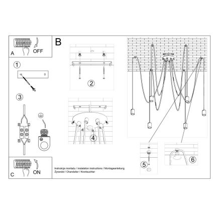 Ljuskrona med textilsladd EDISON 5 5xE27/60W/230V spindel svart