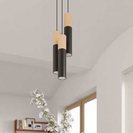 Ljuskrona med textilsladd PABLO 3xGU10/40W/230V svart/bok