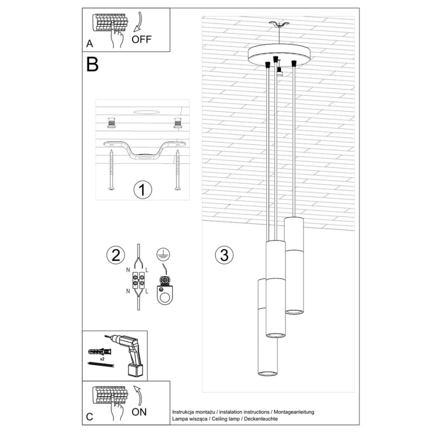 Ljuskrona med upphängningsrem BORGIO 3xGU10/40W/230V betong/metall svart