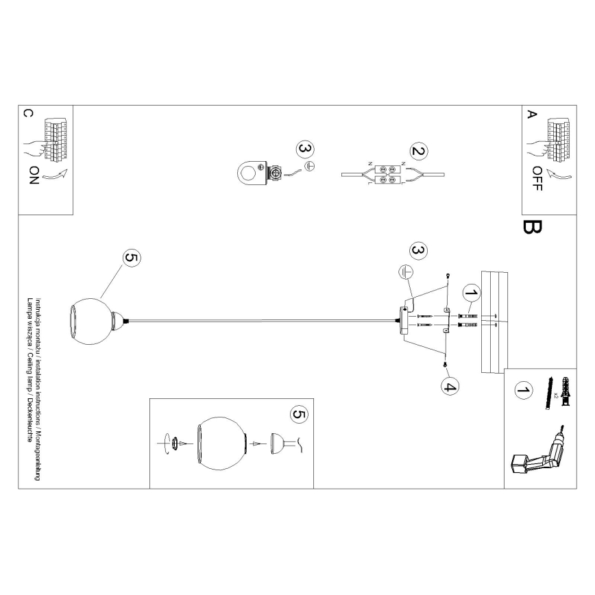 Taklampa på kabel ALINO 1xE27/60W/230V svart