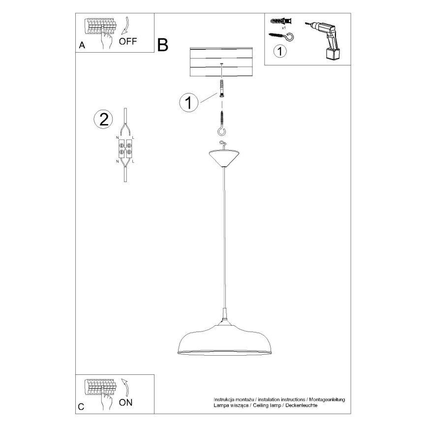 Ljuskrona med textilsladd GINA 1xE27/15W/230V diameter 38 cm svart