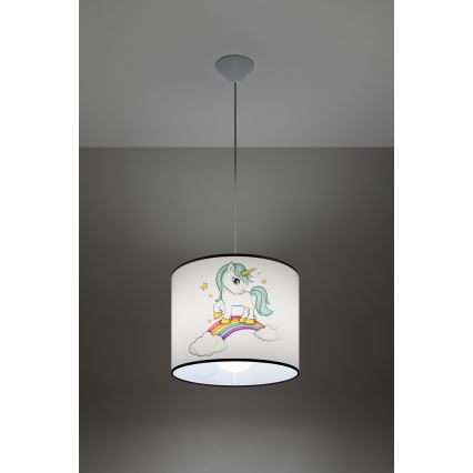 Hängande ljuskrona med textilsladd för barn UNICORN 1xE27/15W/230V diameter 30 cm enhörning