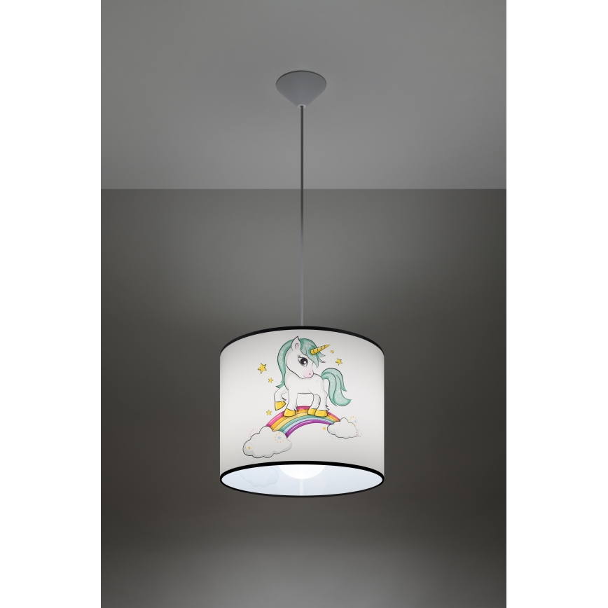 Hängande ljuskrona med textilsladd för barn UNICORN 1xE27/15W/230V diameter 30 cm enhörning