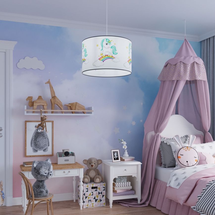 Hängande ljuskrona med textilsladd för barn UNICORN 1xE27/15W/230V diameter 30 cm enhörning