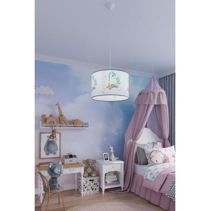 Hängande ljuskrona med textilsladd för barn UNICORN 1xE27/15W/230V diameter 30 cm enhörning