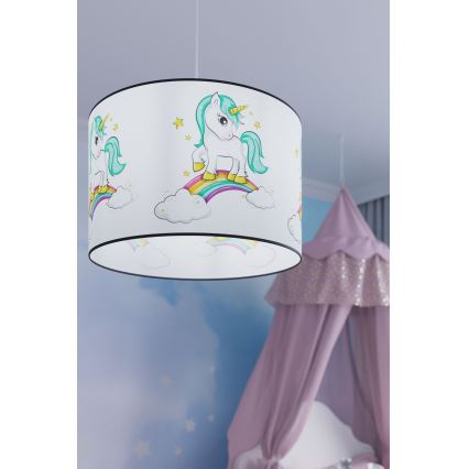 Hängande ljuskrona med textilsladd för barn UNICORN 1xE27/15W/230V diameter 30 cm enhörning
