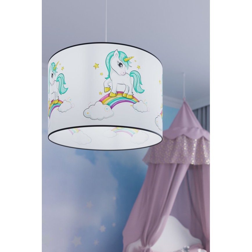 Hängande ljuskrona med textilsladd för barn UNICORN 1xE27/15W/230V diameter 30 cm enhörning