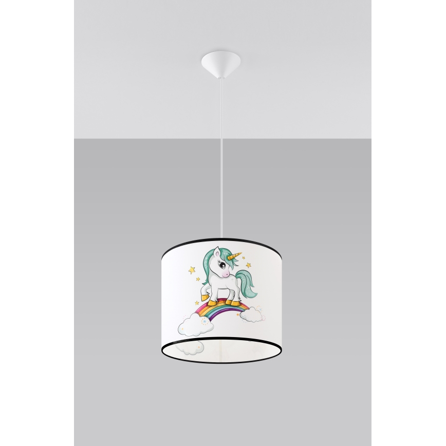 Hängande ljuskrona med textilsladd för barn UNICORN 1xE27/15W/230V diameter 30 cm enhörning