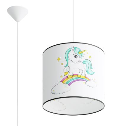 Hängande ljuskrona med textilsladd för barn UNICORN 1xE27/15W/230V diameter 30 cm enhörning