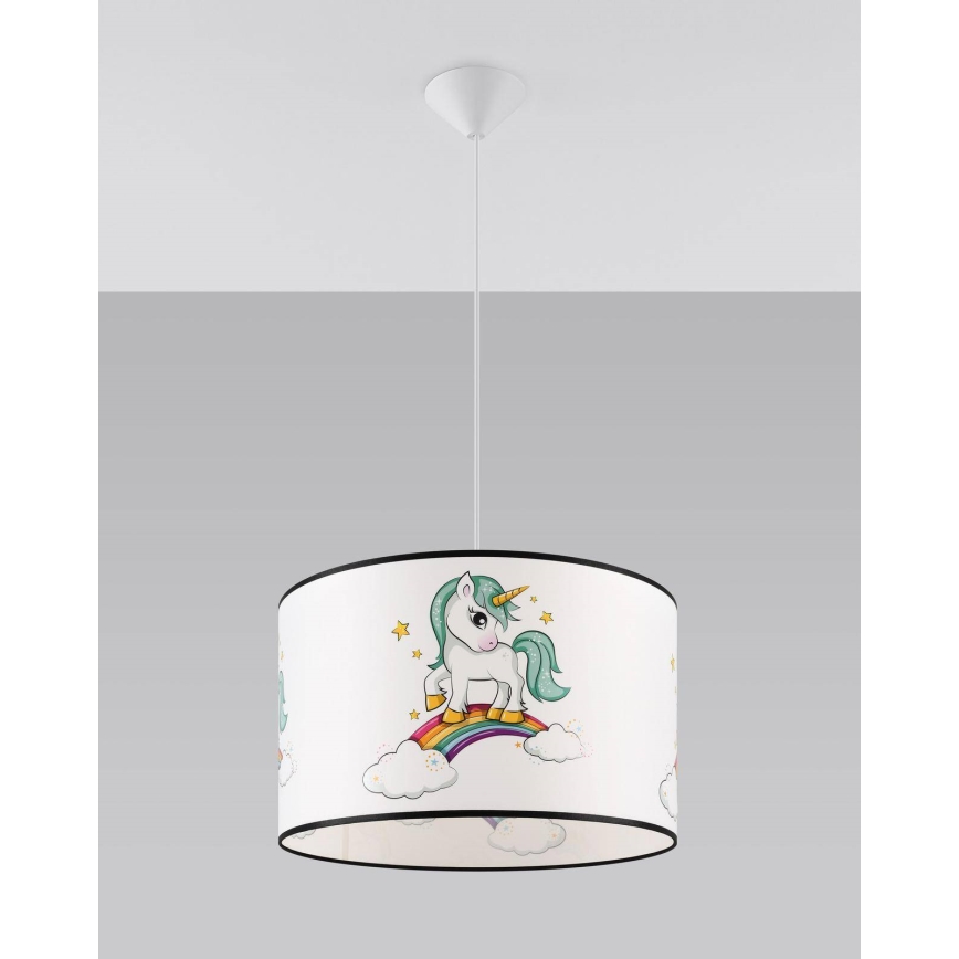 Hängande ljuskrona med textilsladd för barn UNICORN 1xE27/15W/230V diameter 40 cm enhörning