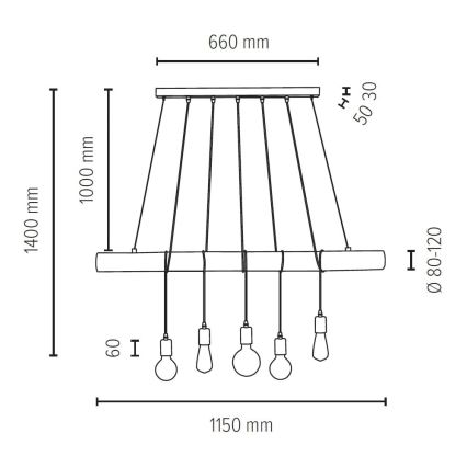 Ljuskrona med textilsladd TRABO 5xE27/60W/230V tall