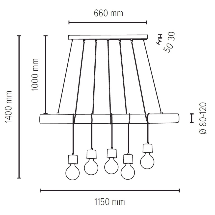 Ljuskrona med snöre TRABO 5xE27/60W/230V - FSC-certifierad