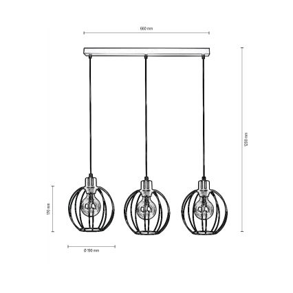 Taklampa på kabel BERIS 3xE27/60W/230V ek
