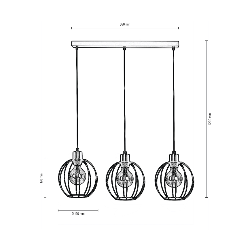 Taklampa på kabel BERIS 3xE27/60W/230V ek