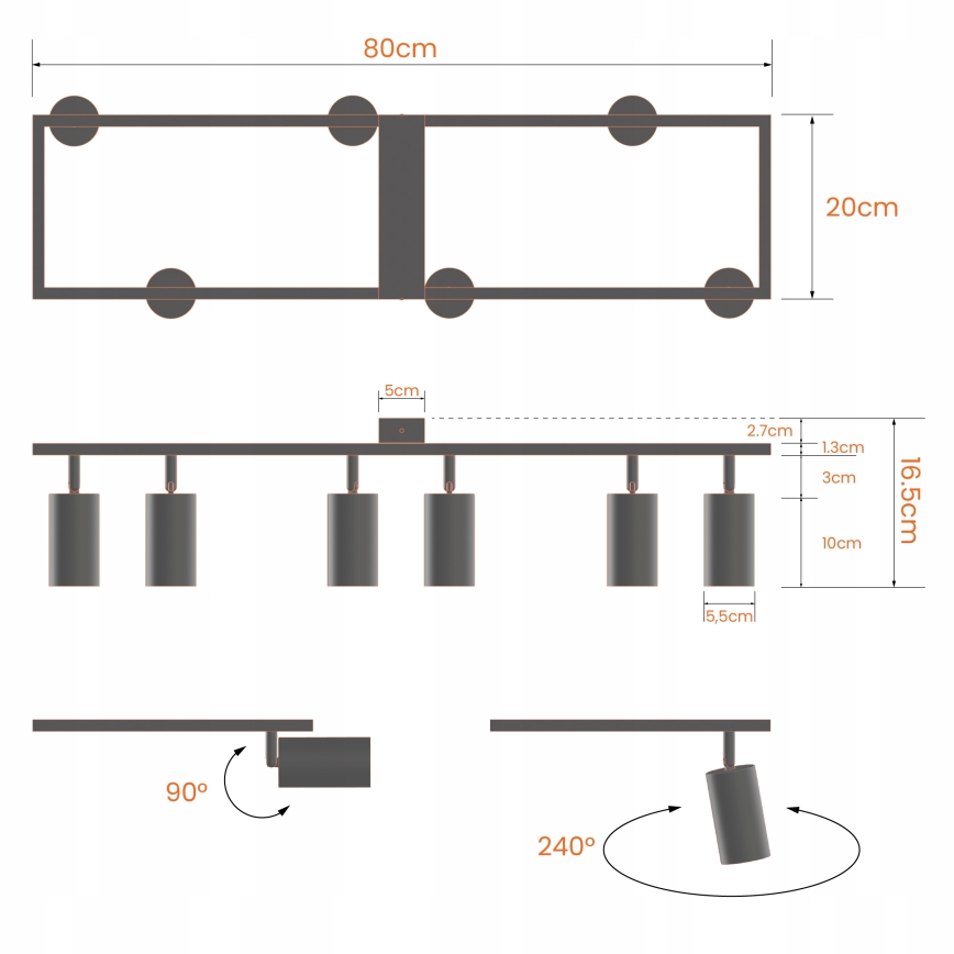 Spotlampa 6xGU10/30W/230V svart
