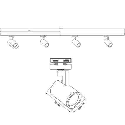Spotlight för skensystem LYNX 4xGU10/10W/230V + 2 x 75 cm skensystem svart