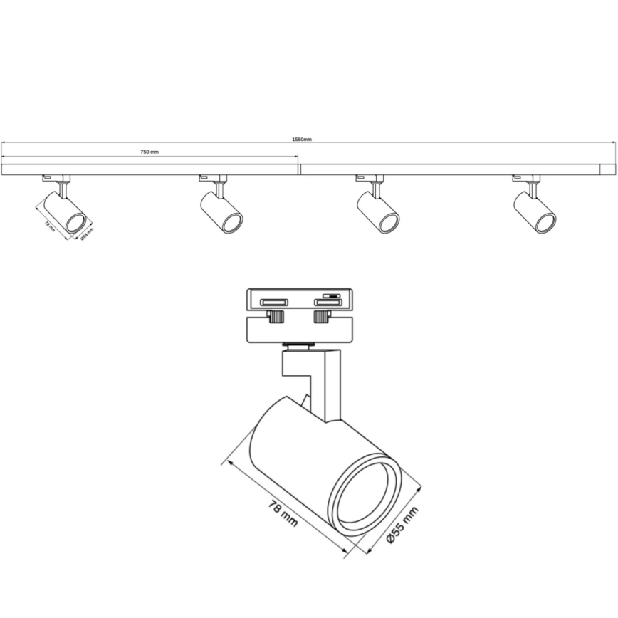Spotlight för skensystem LYNX 4xGU10/10W/230V + 2 x 75 cm skensystem svart