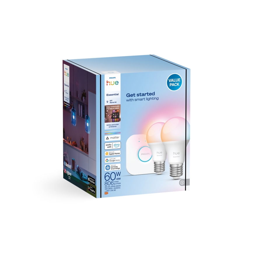 Startpaket Philips Hue White And Color Ambiance Essential 2xE27/8W/230V 2200-6500K + anslutningsenhet