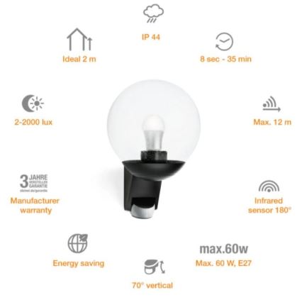 STEINEL 005535 - Utomhus Väggbelysning med sensor L585S 1xE27/60W svart IP44