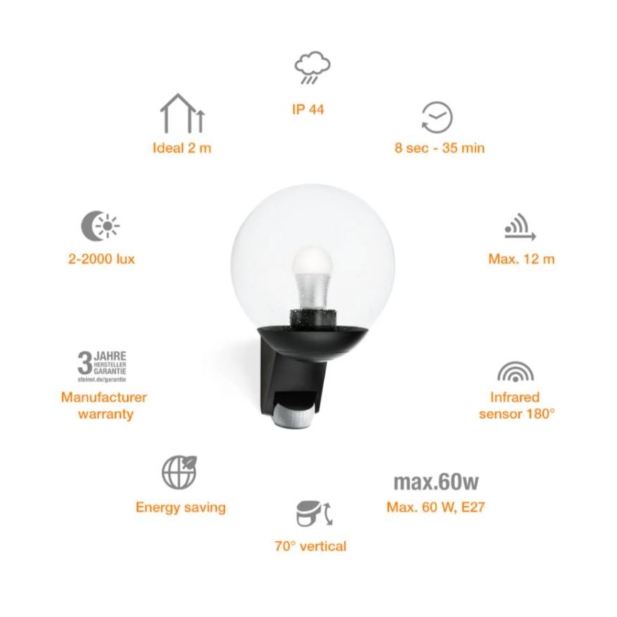 STEINEL 005535 - Utomhus Väggbelysning med sensor L585S 1xE27/60W svart IP44