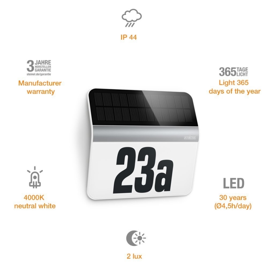 STEINEL 007140 - LED husnummer med solceller XSolar LH-N LED/0,03W rostfri IP44 2500 mAh