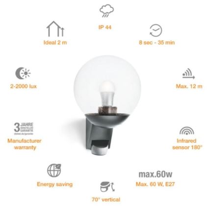 Steinel 035723 - Utomhus Väggbelysning med sensor L585S 1xE27/60W/230V IP44