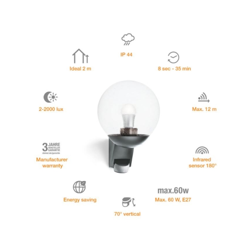 Steinel 035723 - Utomhus Väggbelysning med sensor L585S 1xE27/60W/230V IP44