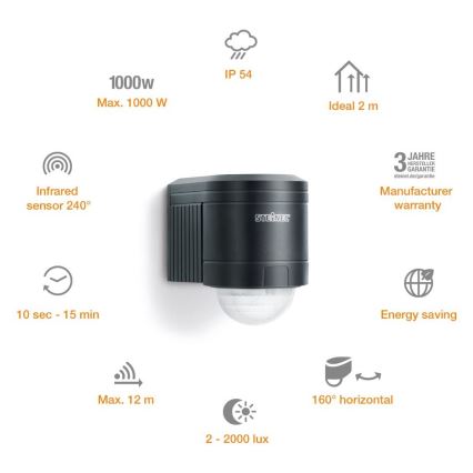 STEINEL 602710 - Infraröd väggsensor för utomhusbruk IS240 antracit IP54