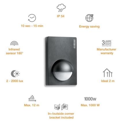 STEINEL 603113 - Utomhuslampa med rörelsesensor IS 180-2 svart IP54