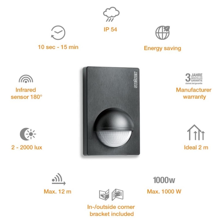 STEINEL 603113 - Utomhuslampa med rörelsesensor IS 180-2 svart IP54