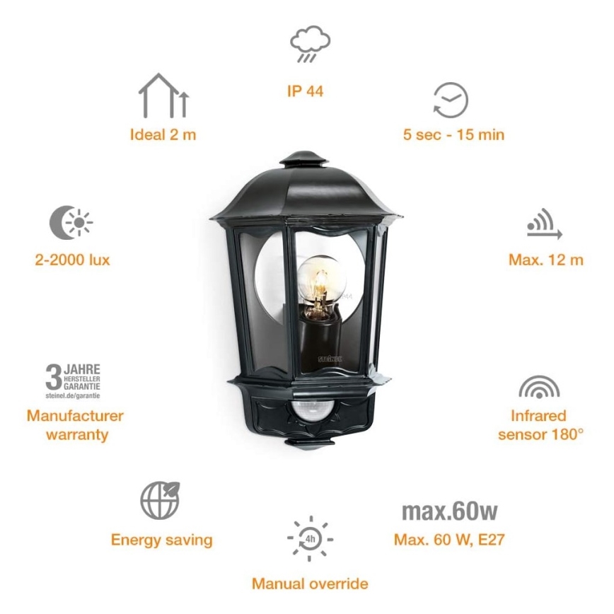 Steinel 644413 - Utomhusbelysning med sensor L 190 S 1xE27/100W/230V IP44