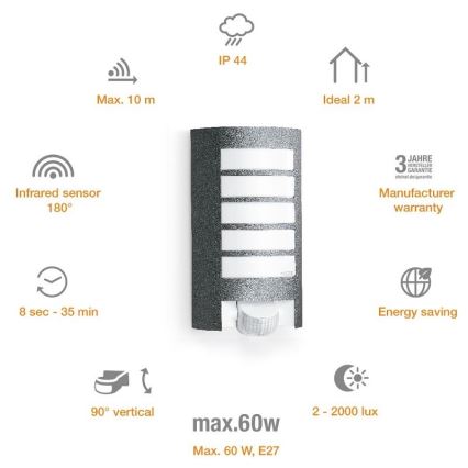 STEINEL 657819 - Utomhusbelysning med sensor L12 1xE27/60W/230V IP44