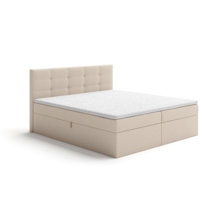 Tygklädd säng EMBER 160x200 cm med madrasser, toppmadrass och förvaringsutrymme, beige