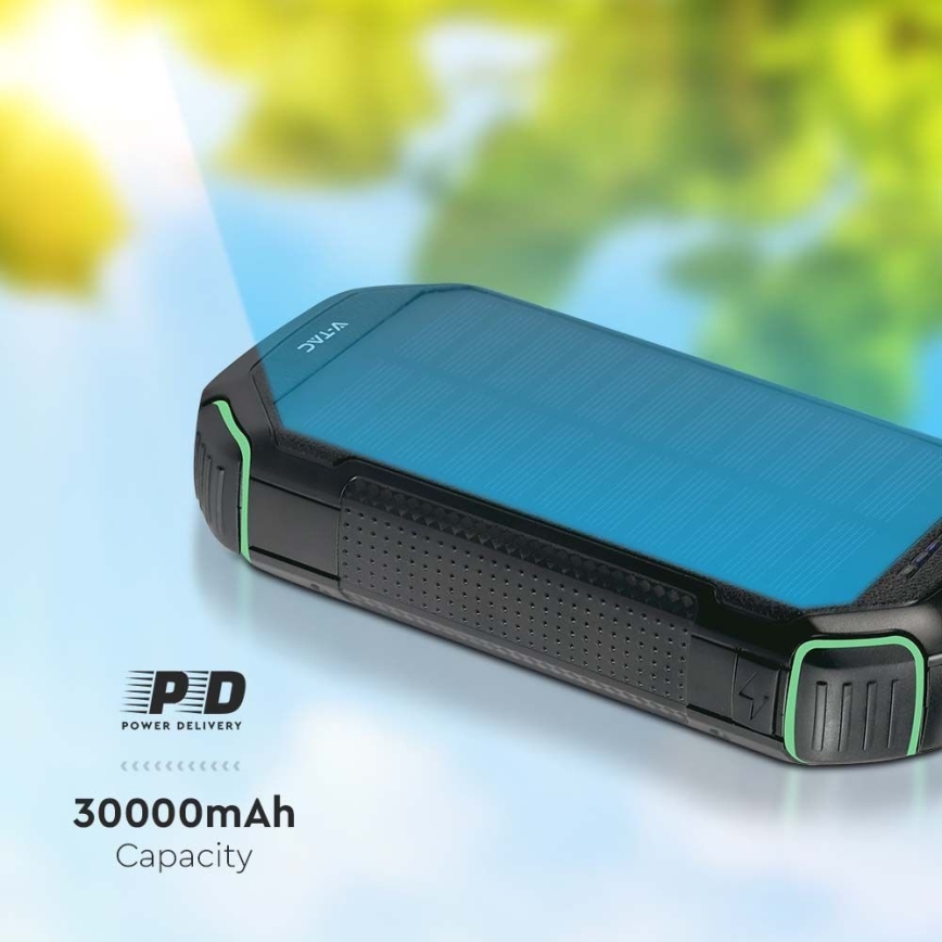 Strömbank solcell med ficklampa Power Delivery 30000mAh/20W/5V svart