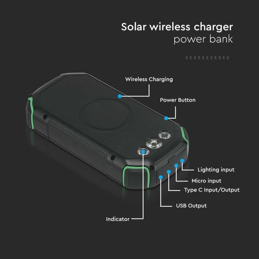 Strömbank solcell med ficklampa Power Delivery 30000mAh/20W/5V svart