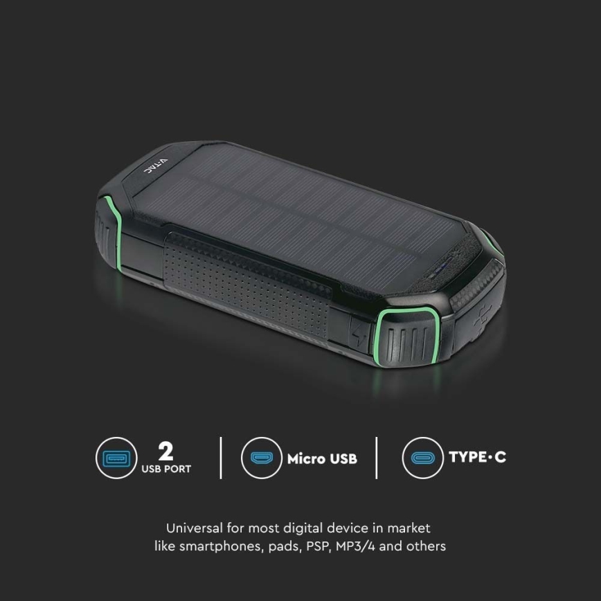 Strömbank solcell med ficklampa Power Delivery 30000mAh/20W/5V svart