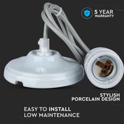 Strömkabel 1xE27/60W/230V grå/porslin