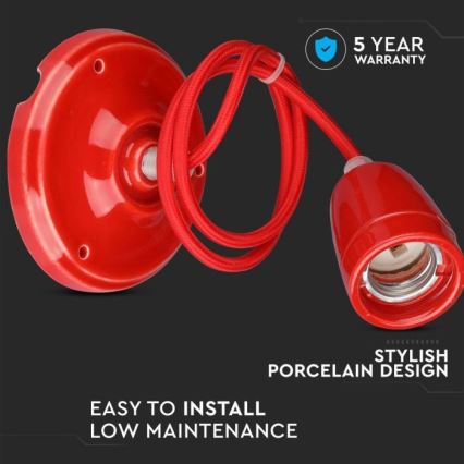 Strömkabel 1xE27/60W/230V röd/porslin