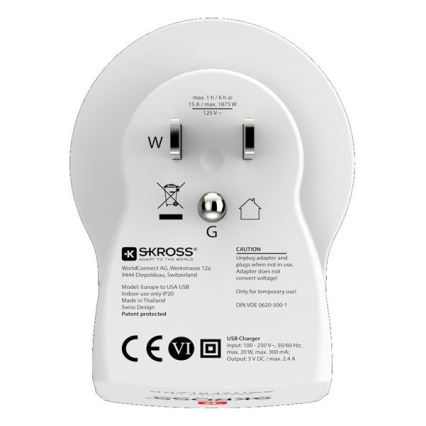 Reseadapter  diameter  USA 230V + 2x USB port