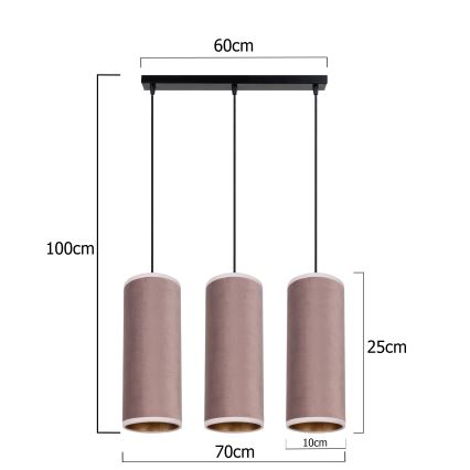 Taklampa på kabel AVALO 3xE27/60W/230V rosa/koppar